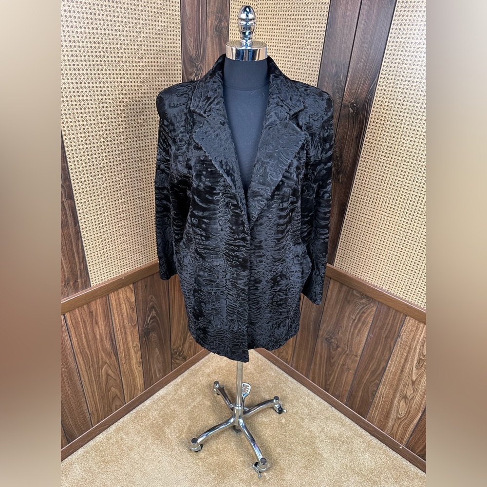 THOMAS MCELROY GROSVENOR CANADA BLACK BROADTAIL LAMB FUR COAT JACKET SIZE LARGE